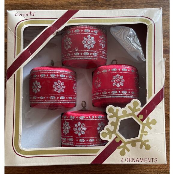 Vintage Pyramid Set of 4 Red Satin Silk Drum Silver Glitter Hanging Ornaments - Picture 4 of 5